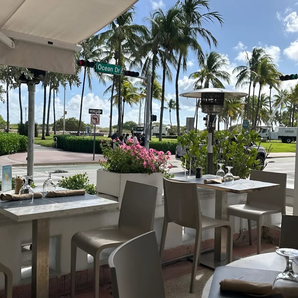 Outdoor dining area at Avalon By Day with tables, chairs, and palm trees lining Ocean Drive.