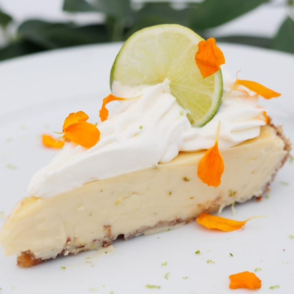 Slice of Key Lime Pie with whipped cream, lime, and orange flower petals on a white plate.